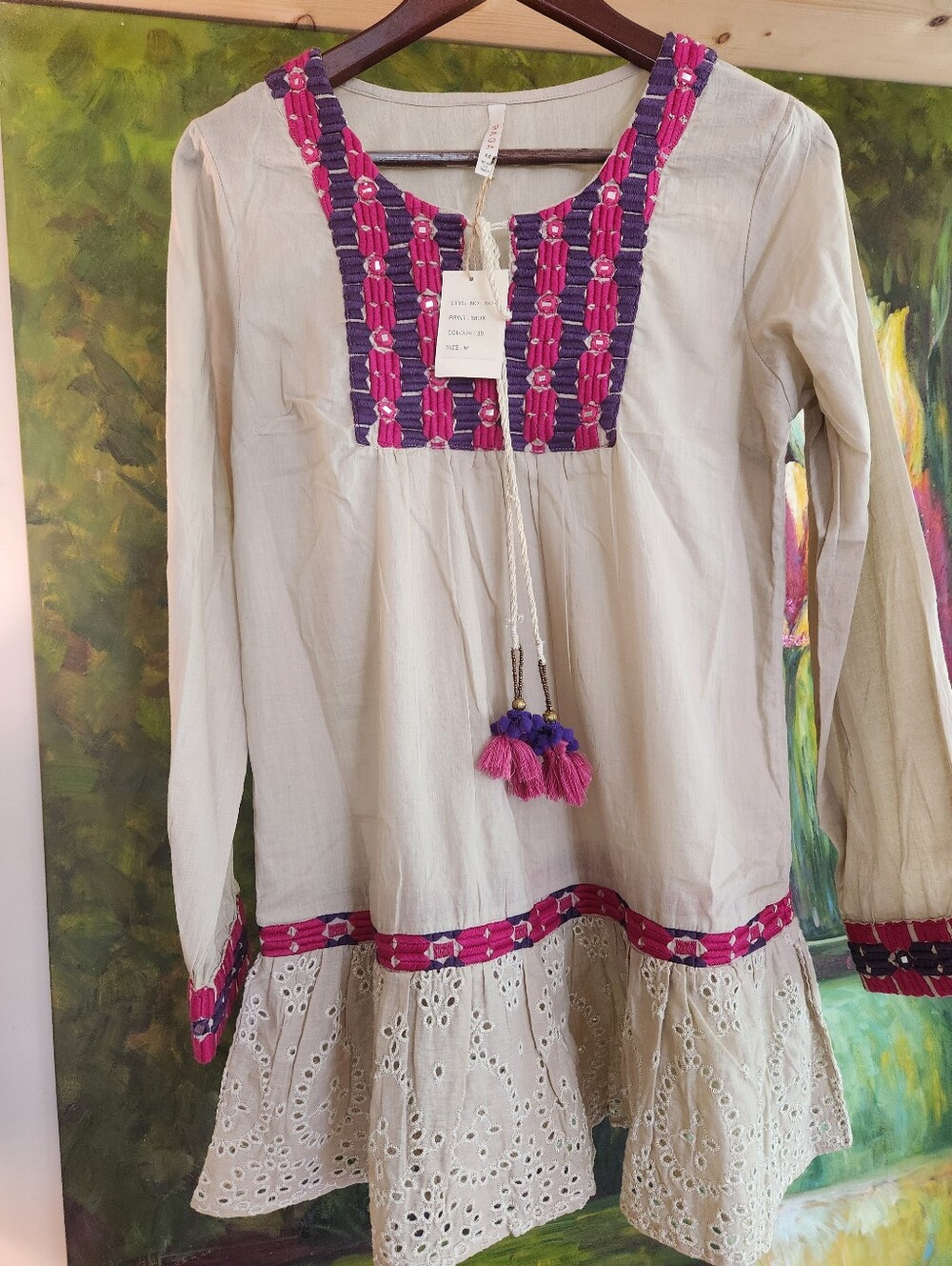 RAGA Peasant Embroidery LS PINK Tunic Tie Neck PINK Ornate Cotton Dress M 38 NWT